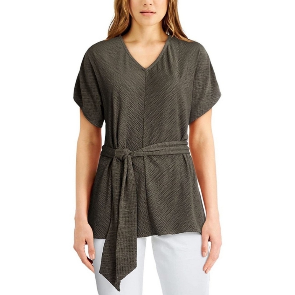 Alfani Dolman Sleeve Tie Tunic Grey Olive